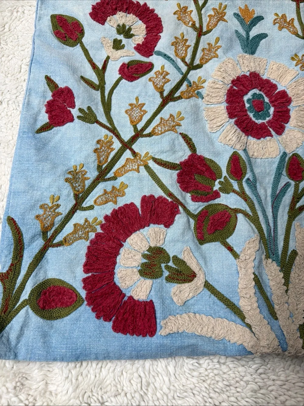 Pottery Barn Embroidered Floral Throw Pillow Cover in Light Blue, Red & Cream